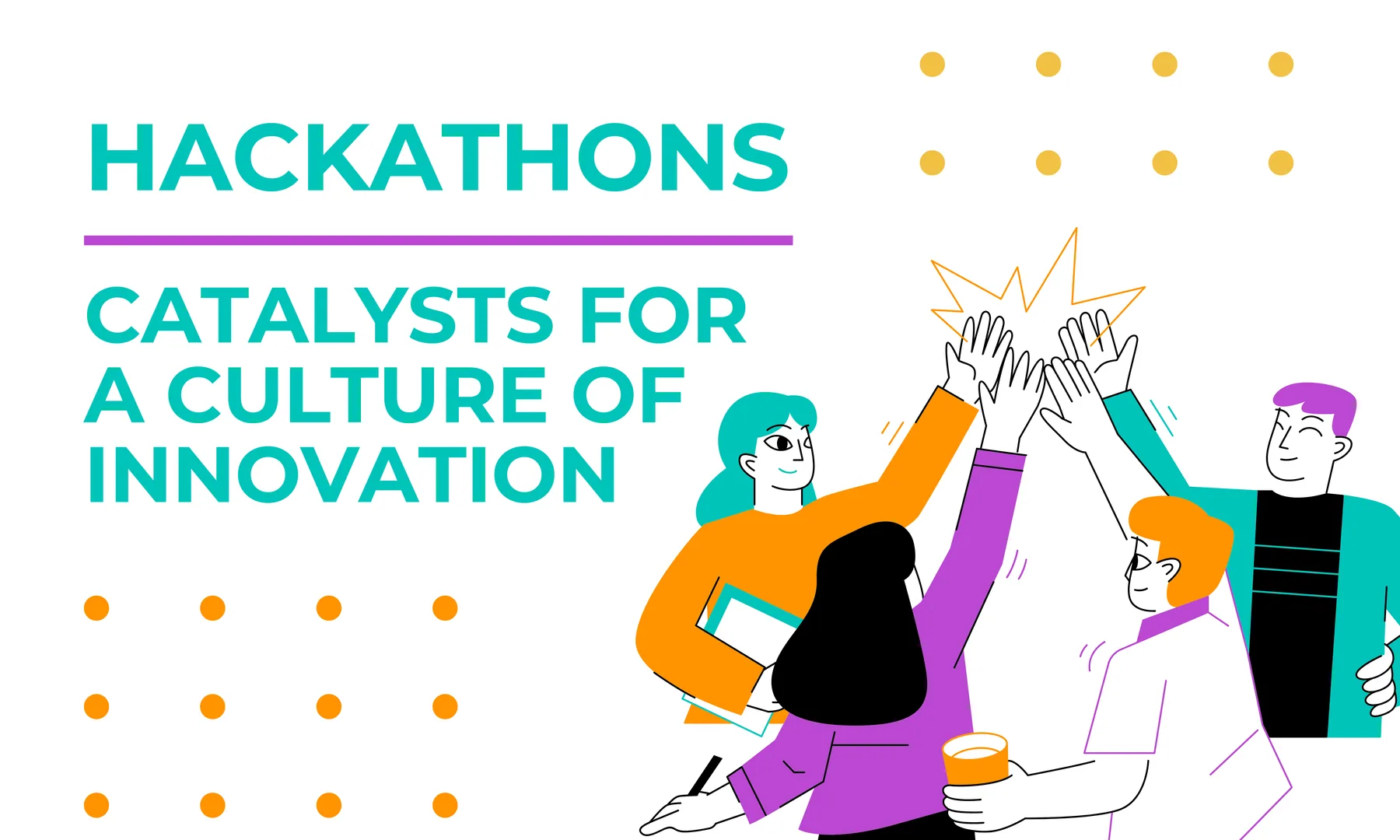 Illustrated team high-fiving to celebrate collaboration and success during an innovation-focused event, symbolizing the impact of hackathons on fostering a culture of innovation.